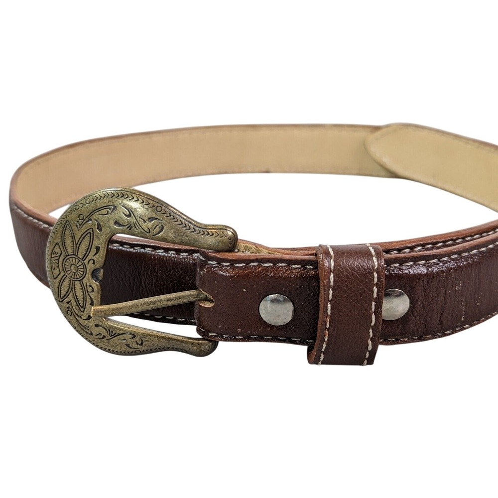 Vintage Angelica Classic Brown Leather Belt 3G Marked Gold-Toned Etched‎ Buckle
